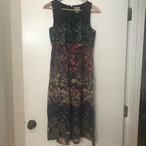 Midi-length watercolor Anthropologie dress.